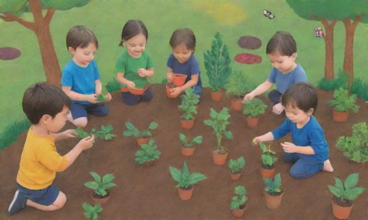 Jardín colorido donde niños aprenden sobre naturaleza y biodiversidad mediante actividades prácticas