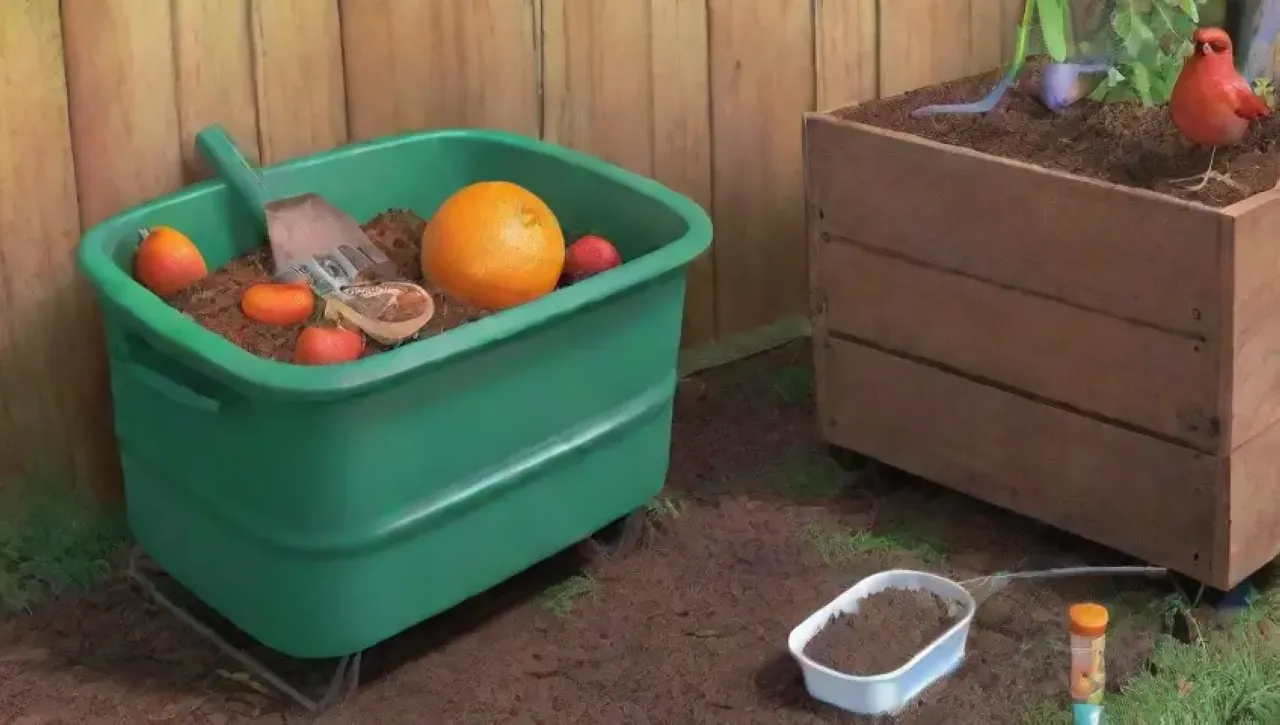 Un jardín vibrante con compost, herramientas y plantas saludables bajo un cielo azul