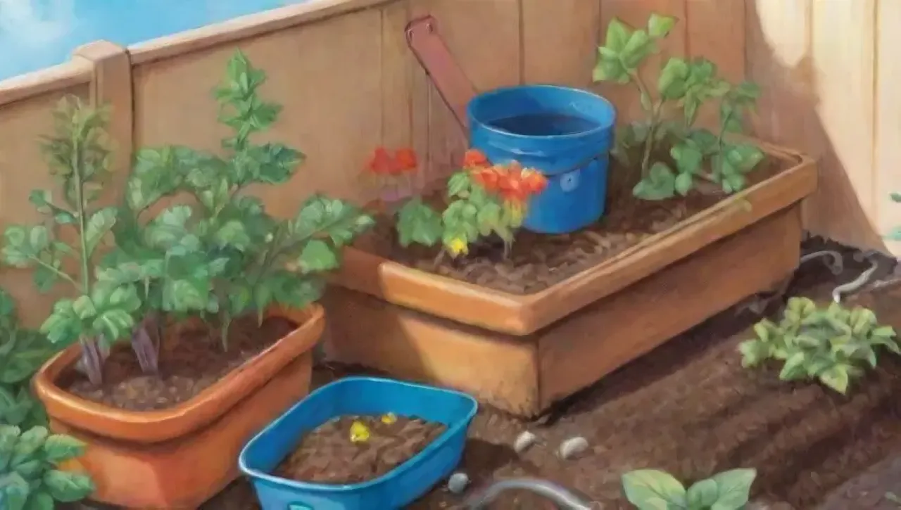 Un jardín vibrante con plantas verdes, herramientas esparcidas y un jardinero feliz