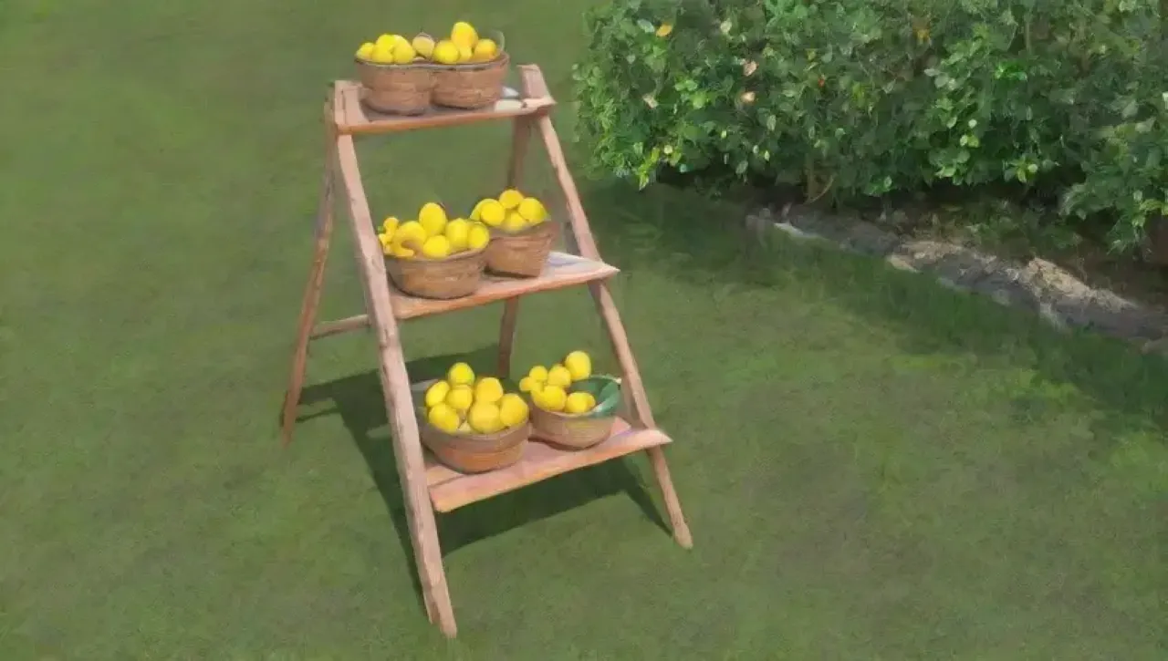 Un vibrante huerto de limones bajo un cielo azul, con herramientas rústicas y un suave aroma a cítricos