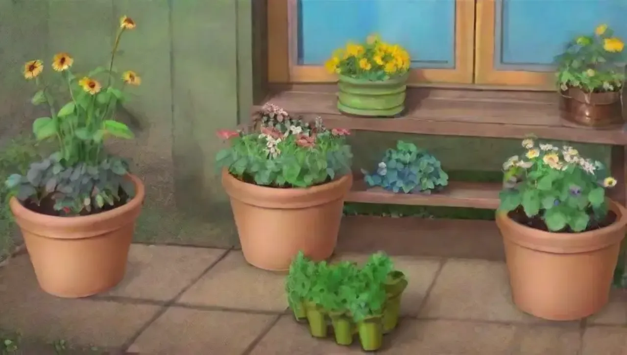 Un oasis urbano lleno de plantas vibrantes, hierbas, flores y un ambiente pacífico