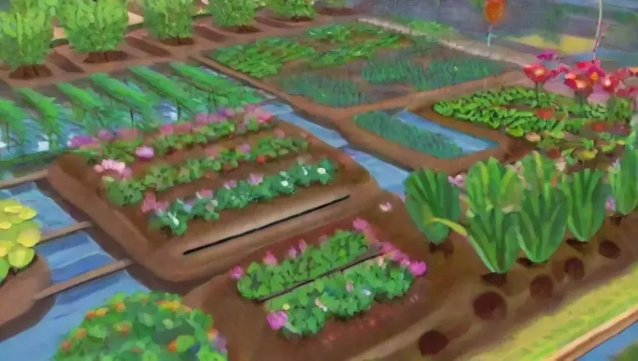 Un jardín vibrante y tecnológico con riego eficiente y naturaleza en armonía