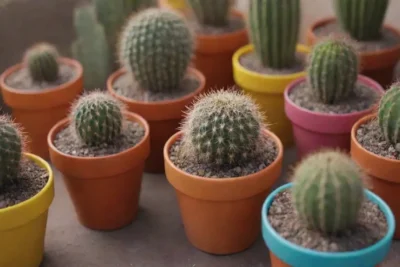 Un oasis urbano de cactus coloridos en macetas vibrantes