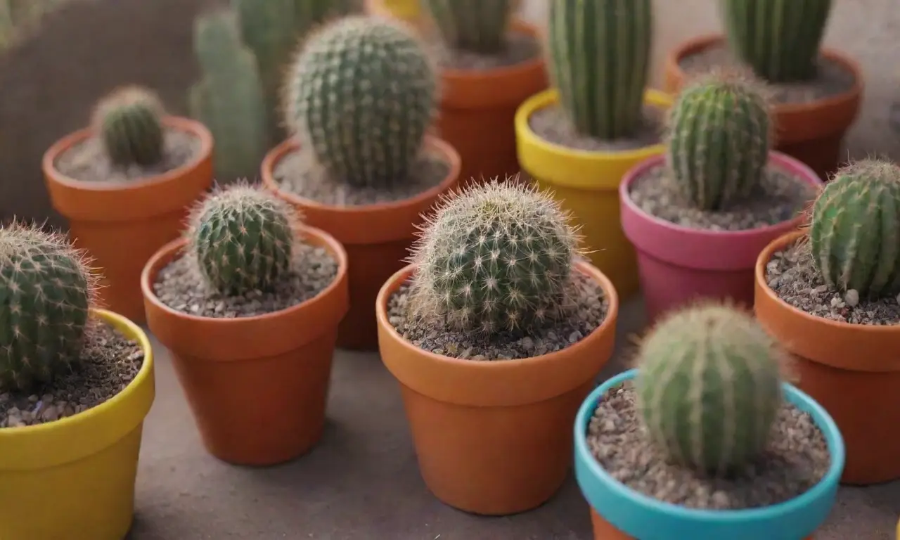 Un oasis urbano de cactus coloridos en macetas vibrantes