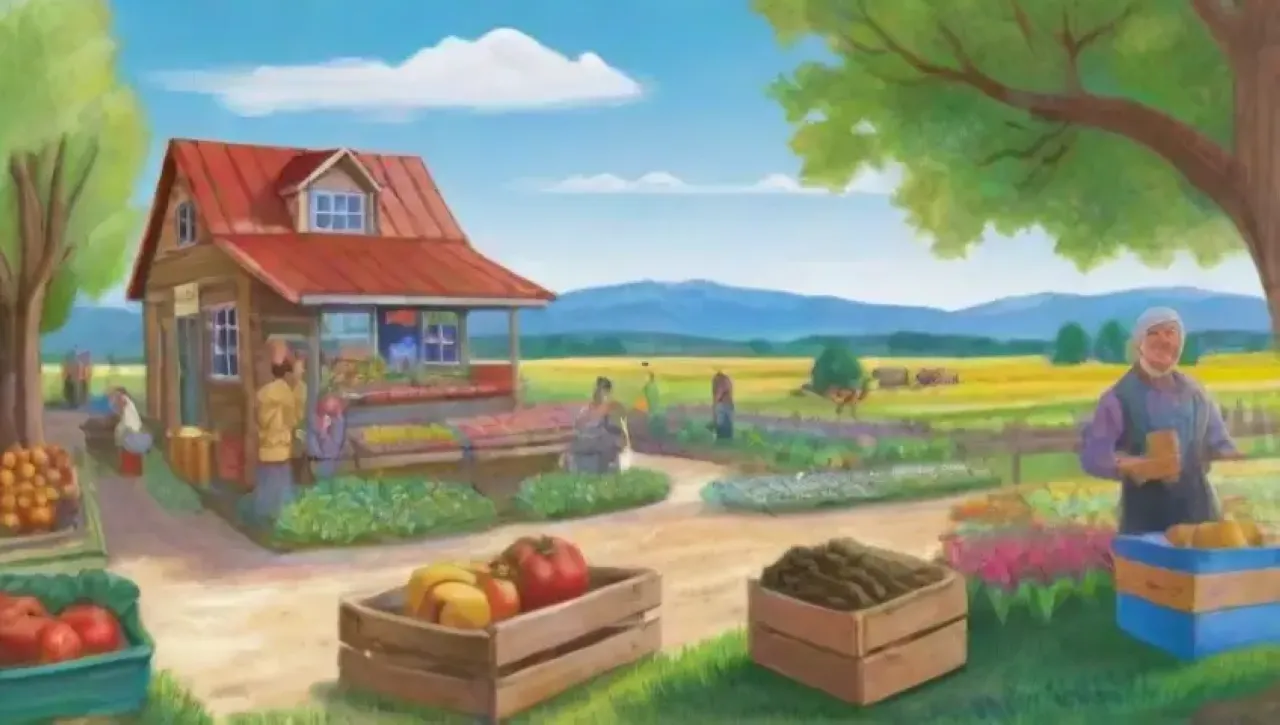 Un vibrante paisaje rural refleja la colaboración de agricultores hacia un futuro sostenible