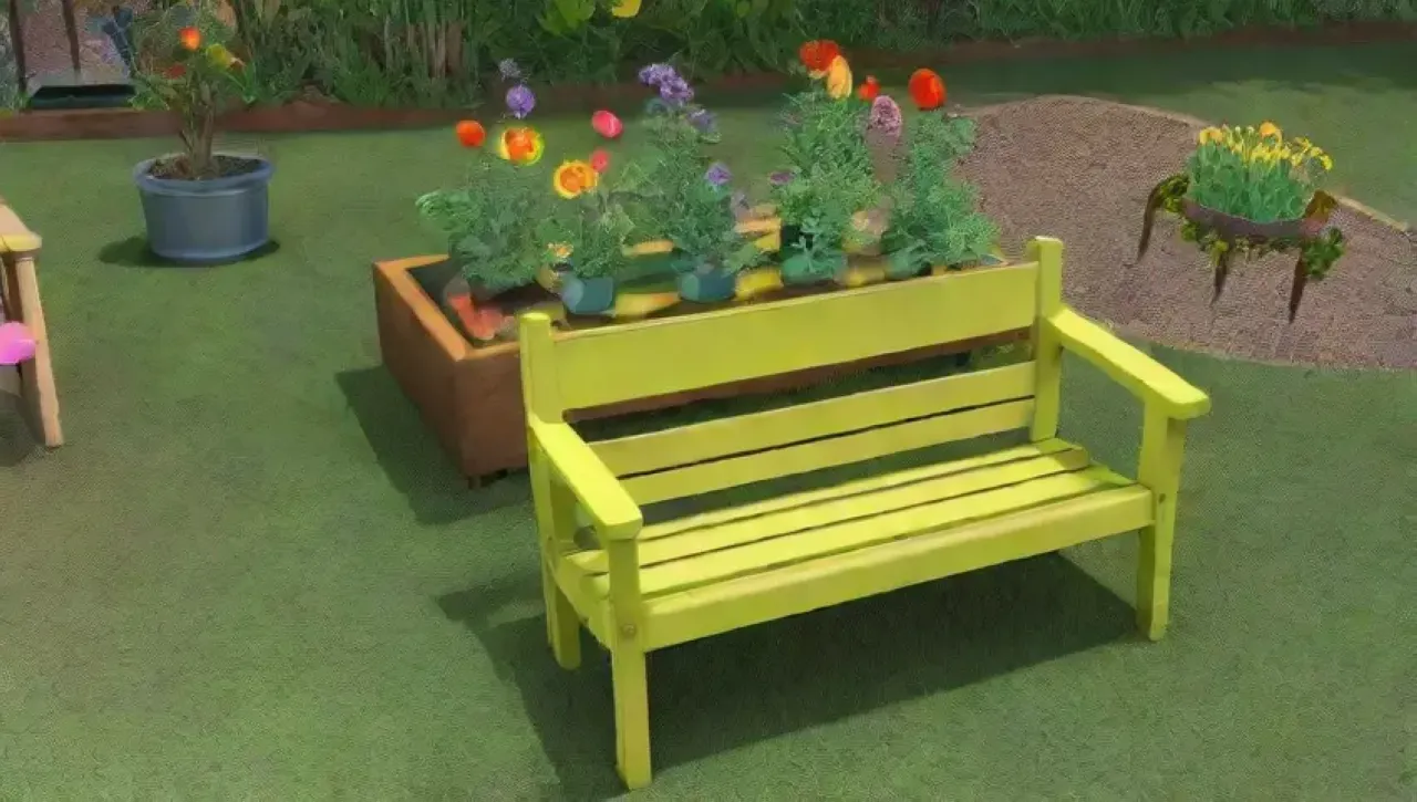 Jardín vibrante con muebles de plástico reciclado, flores, verduras y un ambiente acogedor