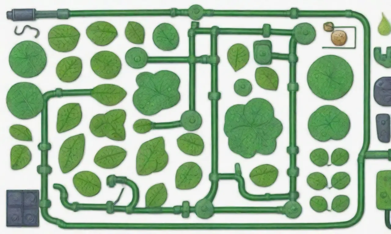 Fondo con hojas verdes, circuitos, gotas de agua y elementos de riego automático de jardín
