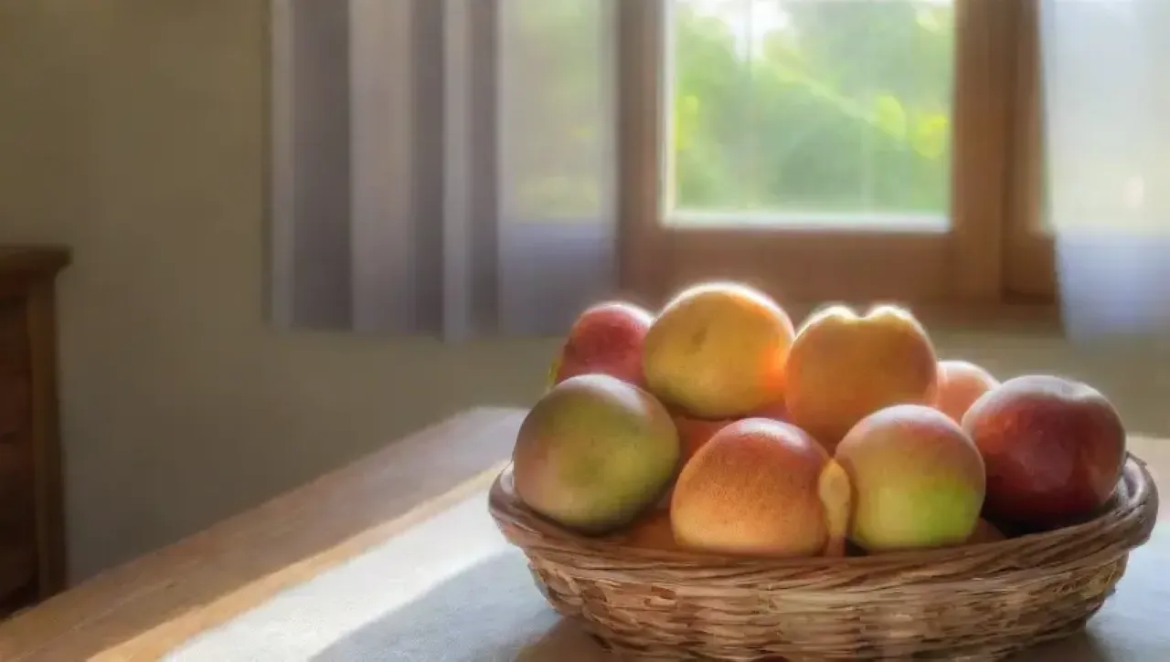 Luz del sol ilumina frutas frescas en una mesa rústica