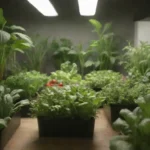 Jardín interior minimalista con vegetales frescos y tecnología hidropónica en un ambiente moderno y relajante