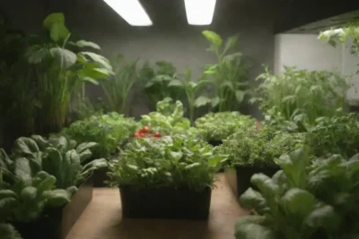 Jardín interior minimalista con vegetales frescos y tecnología hidropónica en un ambiente moderno y relajante