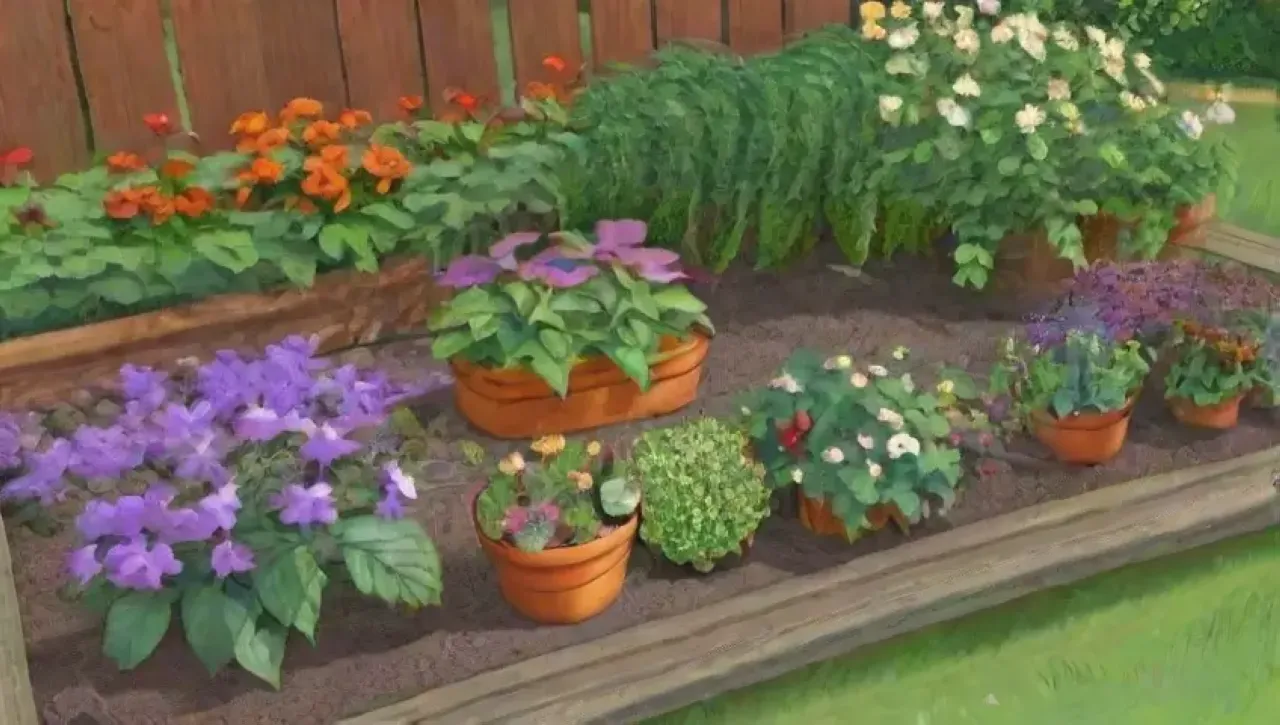 Un jardín vibrante y lleno de vida con plantas, flores, insectos y herramientas coloridas
