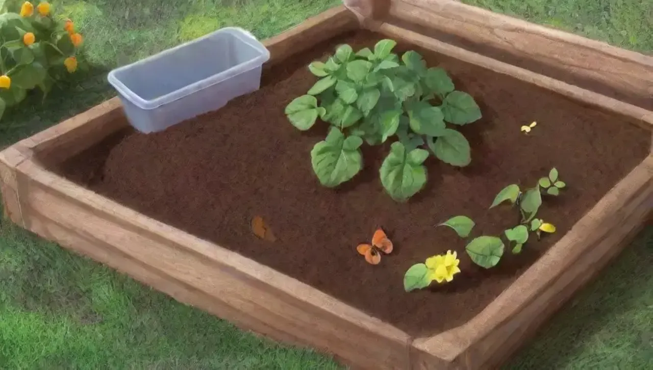 Un jardín vibrante con compost, flores y herramientas rodeado de naturaleza