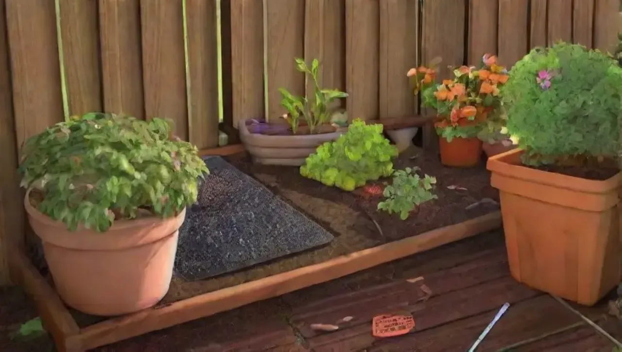 Un jardín vibrante y armonioso lleno de vida y trabajo en familia
