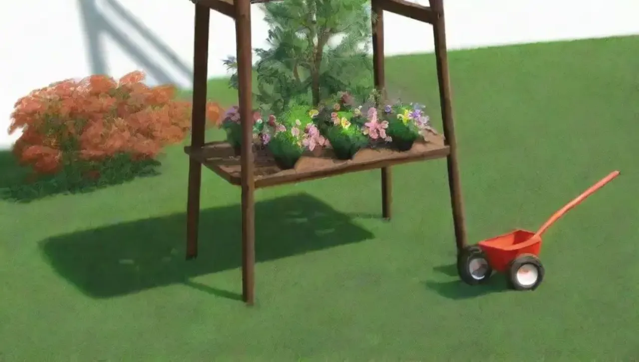 Un jardín vibrante y soleado lleno de vida y herramientas de jardinería