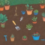 Plantas coloridas y herramientas en una comunidad agrícola sostenible