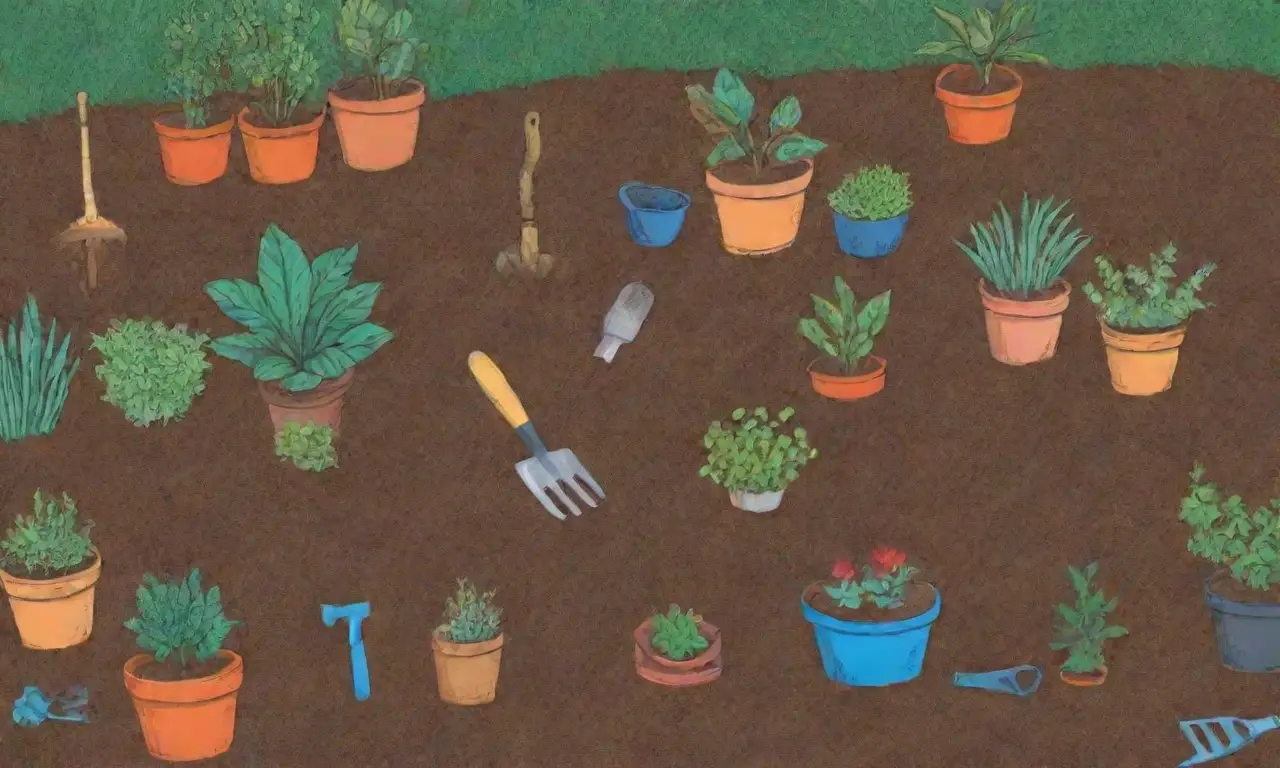 Plantas coloridas y herramientas en una comunidad agrícola sostenible