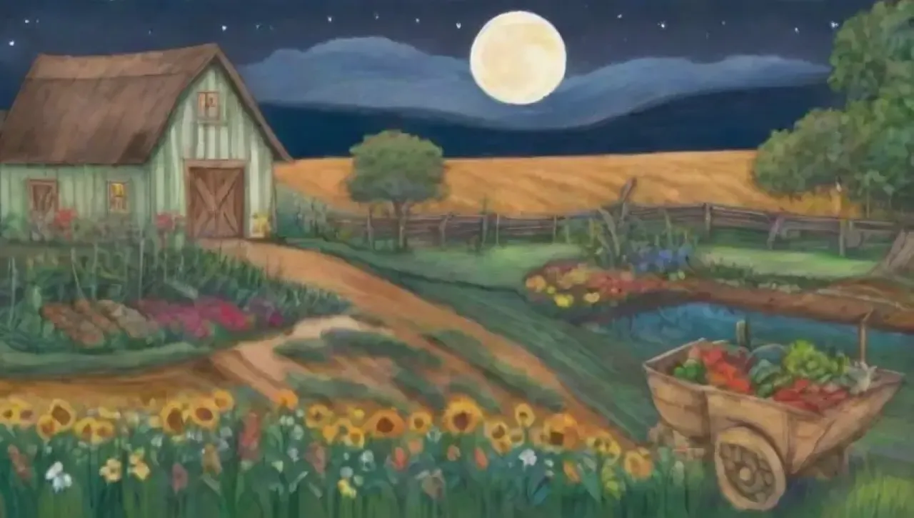 Un paisaje sereno con campos verdes, flores, luna brillante y una conexión pacífica entre la tierra y el cielo