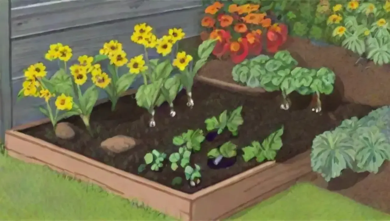 Un jardín vibrante y armonioso florece con vegetales coloridos y vida silvestre