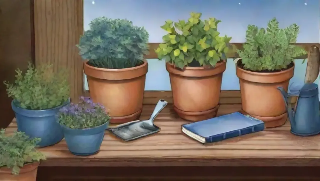 Un jardín sereno bajo la luna, con flores, herramientas y un ambiente pacífico