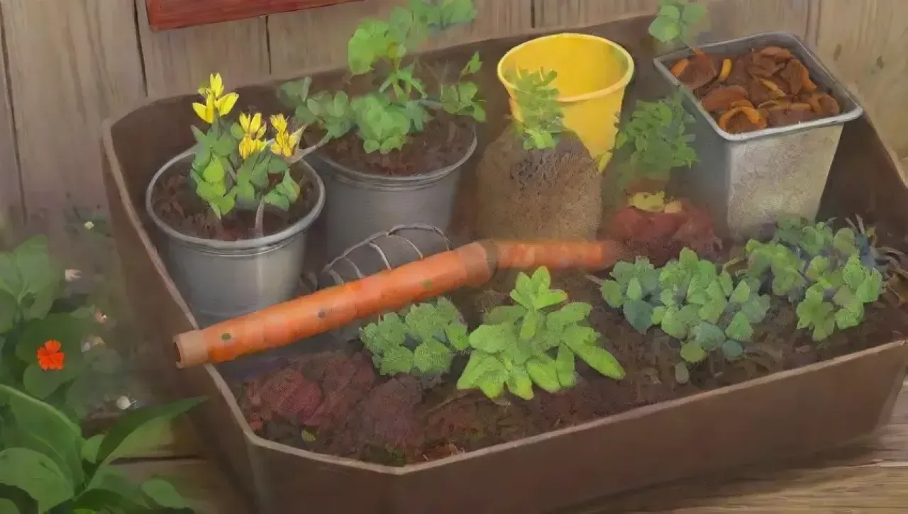 Un jardín urbano vibrante con compost, hierbas frescas y mariposas