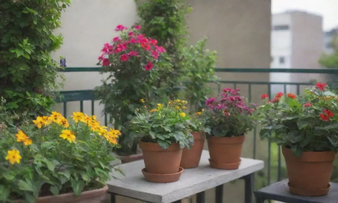 Jardín en balcón con plantas vibrantes y sostenibles que atraen polinizadores