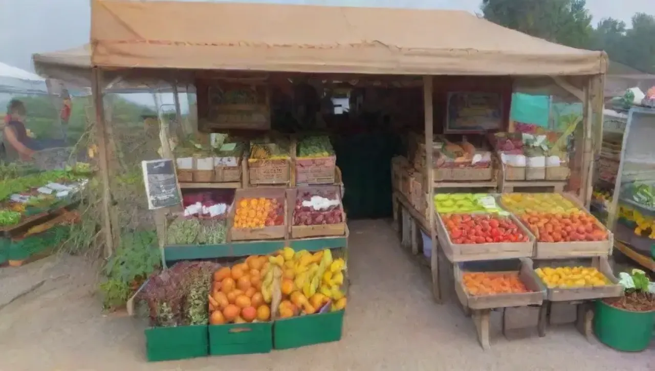 Un mercado agrícola vibrante y comunitario lleno de colores, aromas y productos frescos