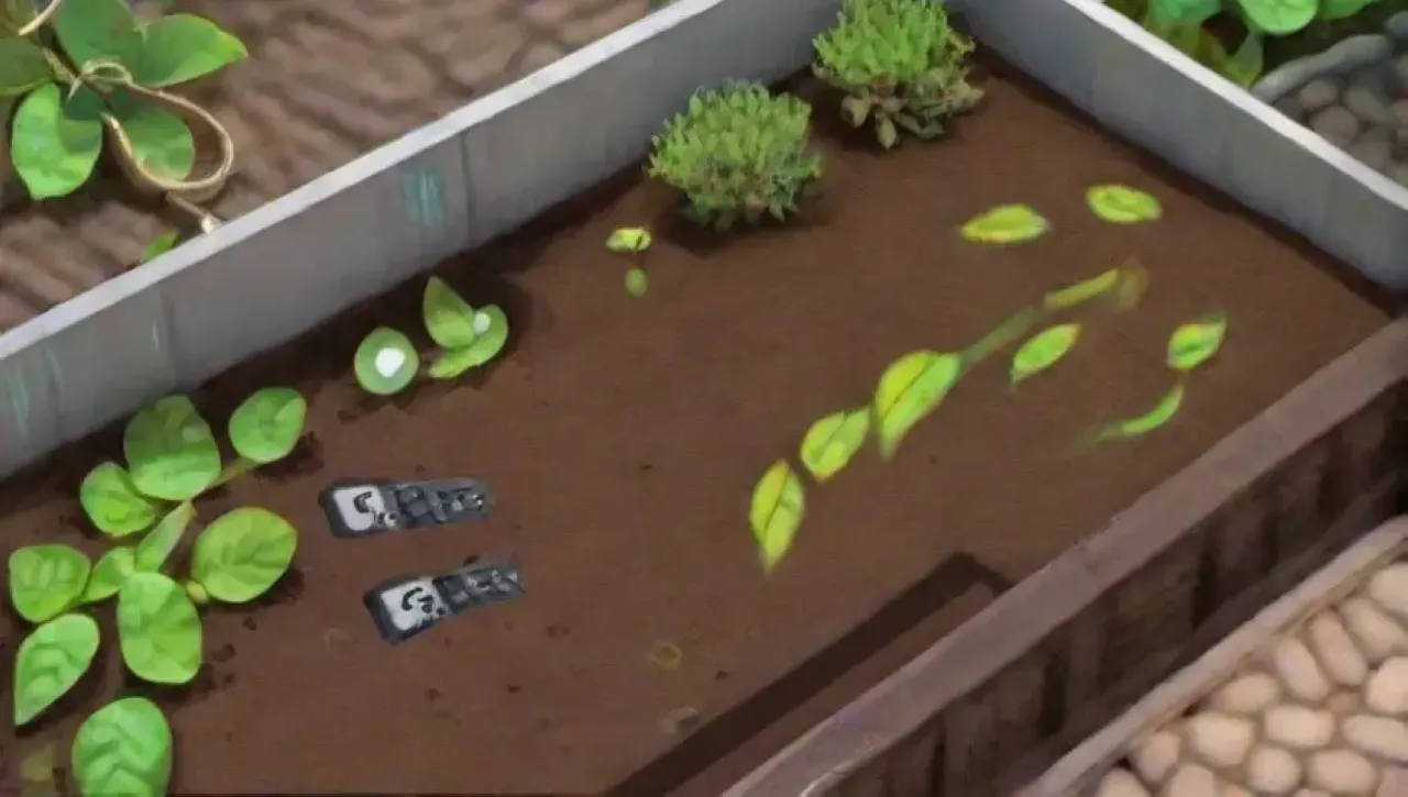 Un jardín vibrante con plantas saludables, herramientas y tecnología que miden la humedad