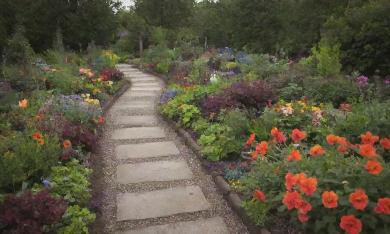 Diseño de jardín con flores vibrantes y plantas coloridas en un espacio pequeño