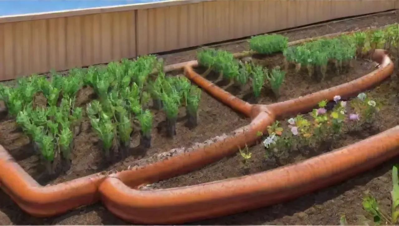 Un paisaje agrícola vibrante y armonioso con tecnología de riego y naturaleza en plena floración