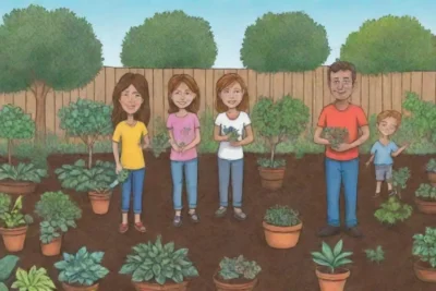 Jardín familiar con plantas vibrantes y prácticas orgánicas