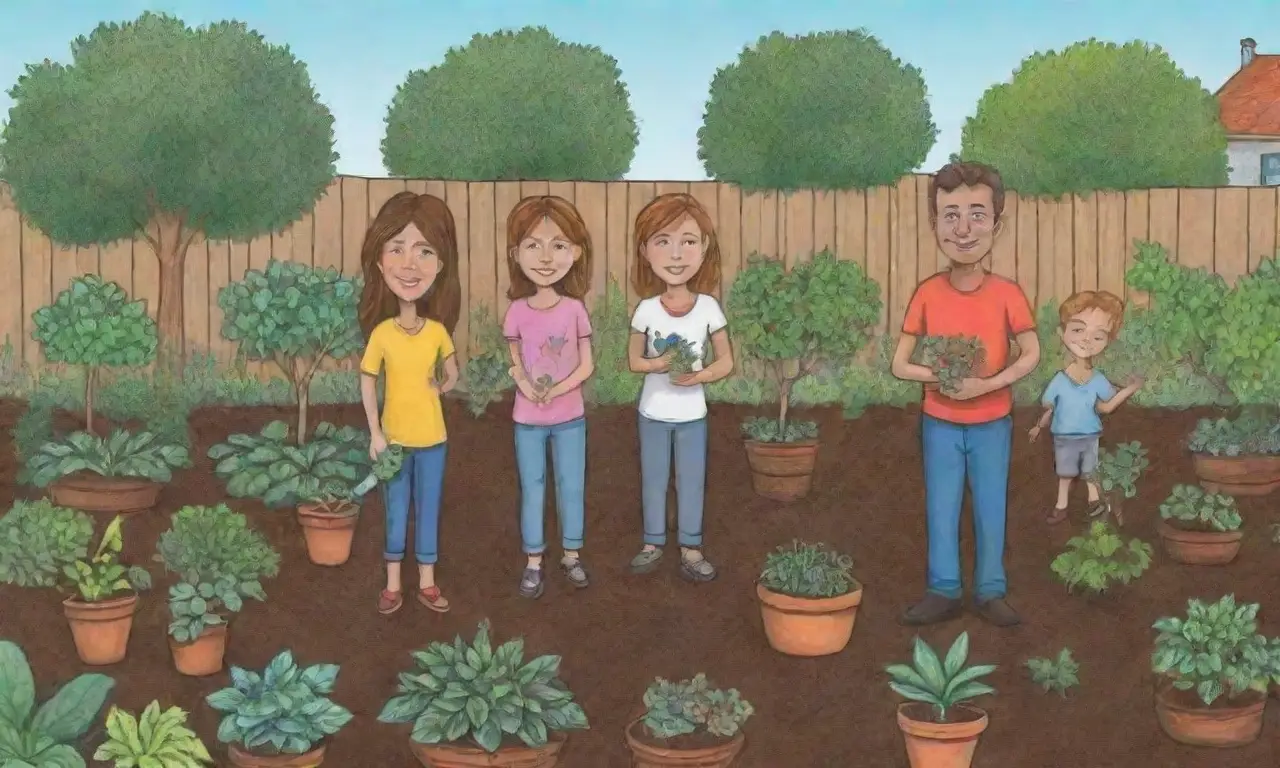 Jardín familiar con plantas vibrantes y prácticas orgánicas