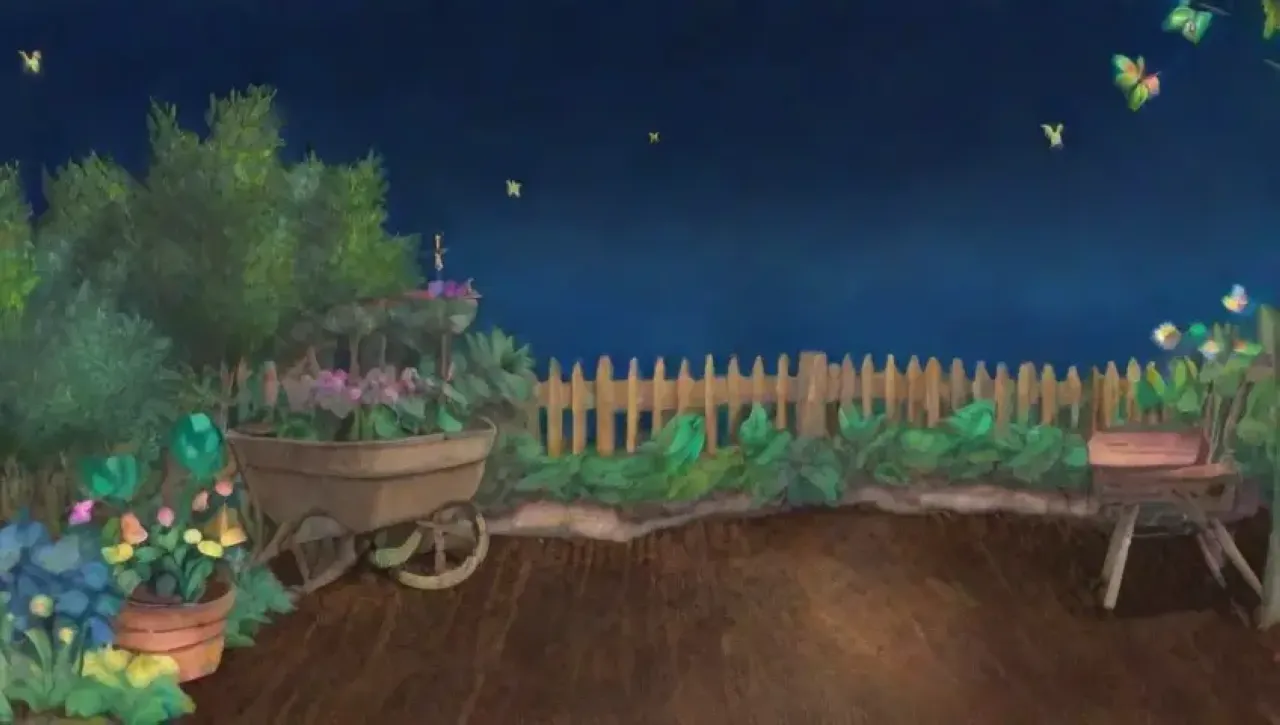 Un jardín sereno bajo la suave luz de la luna, lleno de plantas, flores y vida