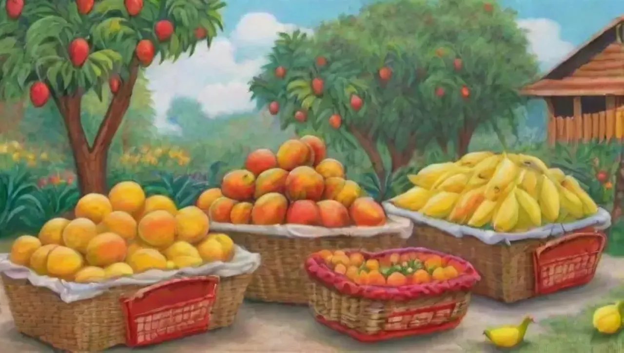 Un paisaje tropical lleno de frutas vibrantes, naturaleza exuberante y alegría