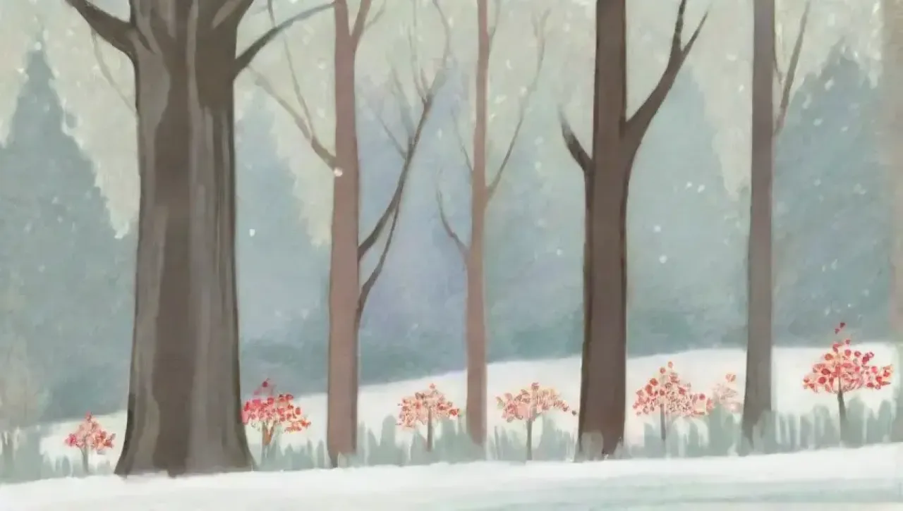 Un sereno paisaje invernal con ramas heladas y un jardín tranquilo