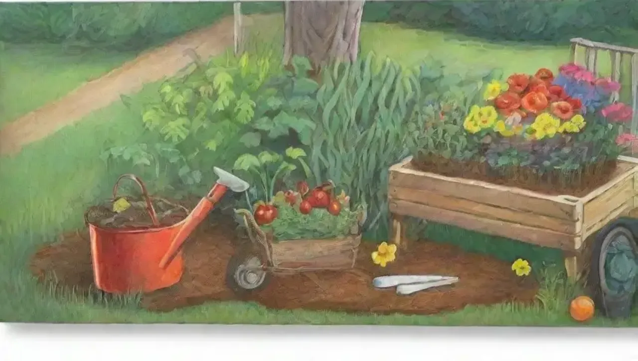 Un jardín vibrante con flores, herramientas, vegetales y mariposas bajo un sol radiante