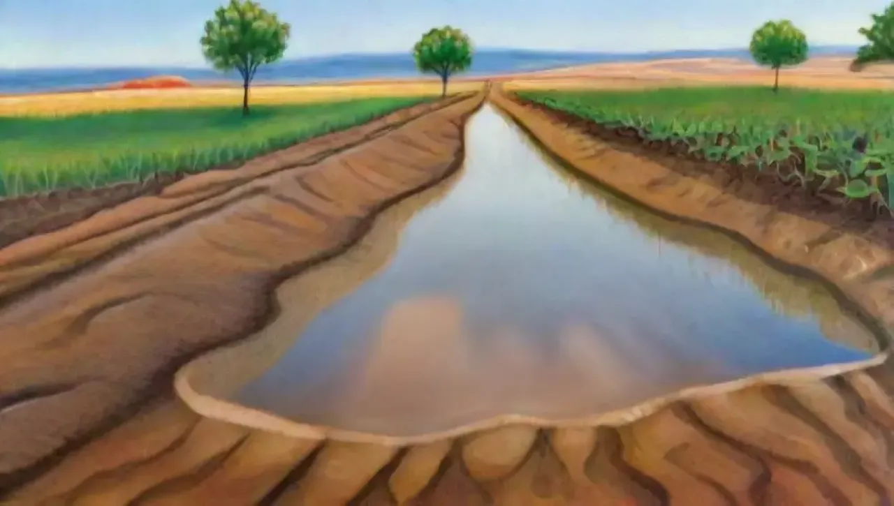 Un paisaje agrícola vibrante y armonioso con suelo arenoso, vegetación variada y actividad de cultivo