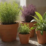 Hierbas coloridas y herramientas de jardinería para remedios naturales