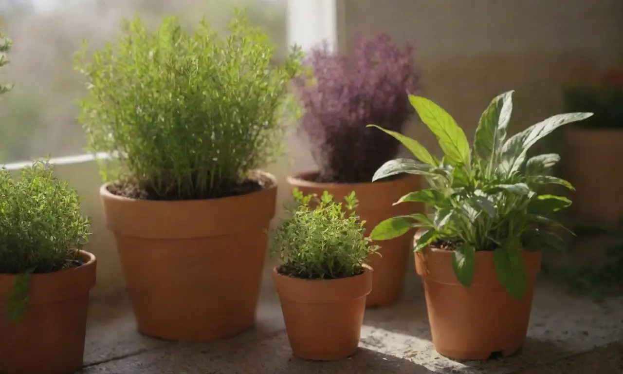 Hierbas coloridas y herramientas de jardinería para remedios naturales
