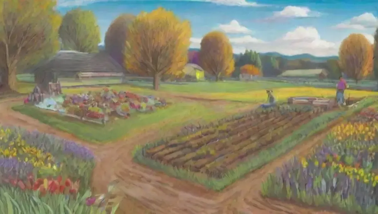 Un paisaje verde vibrante con flores, un agricultor plantando semillas y niños sonriendo