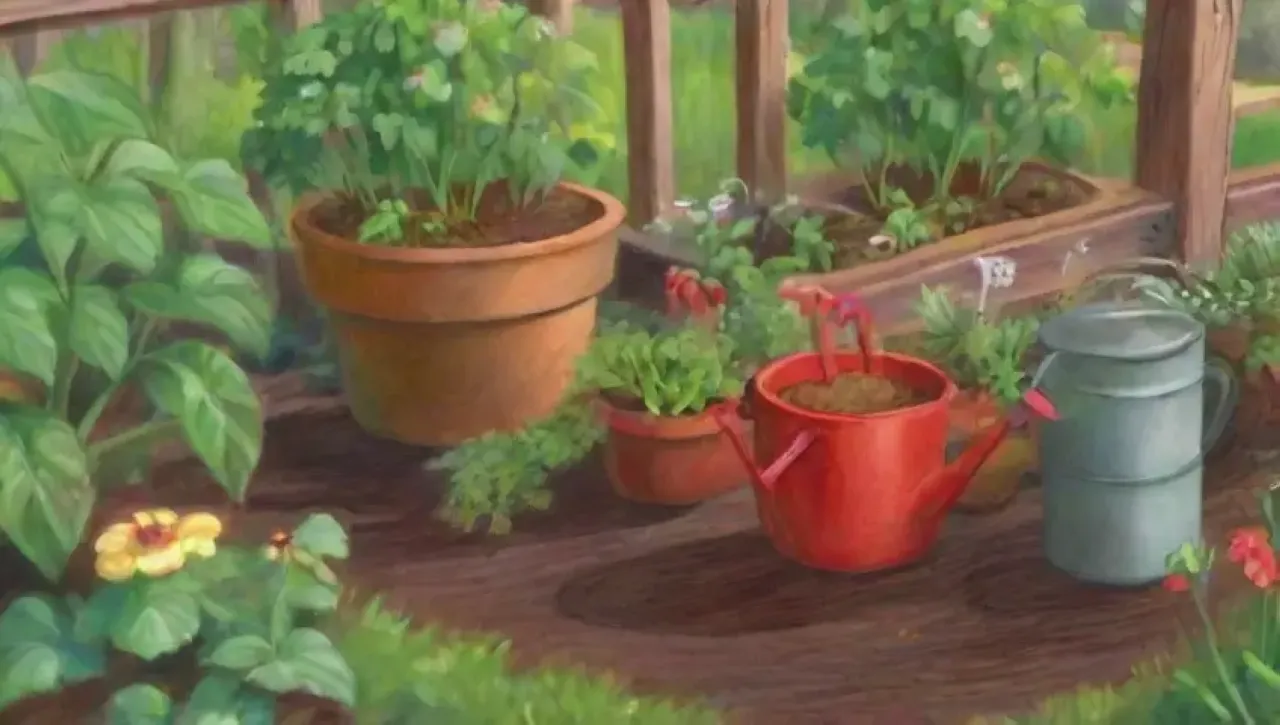 Un jardín vibrante de cilantro y tomates brilla bajo el sol, lleno de vida y armonía