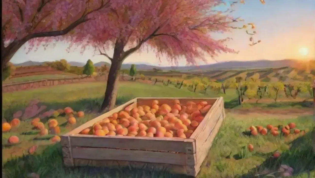 Un hermoso huerto de duraznos al atardecer, lleno de frutas y vida
