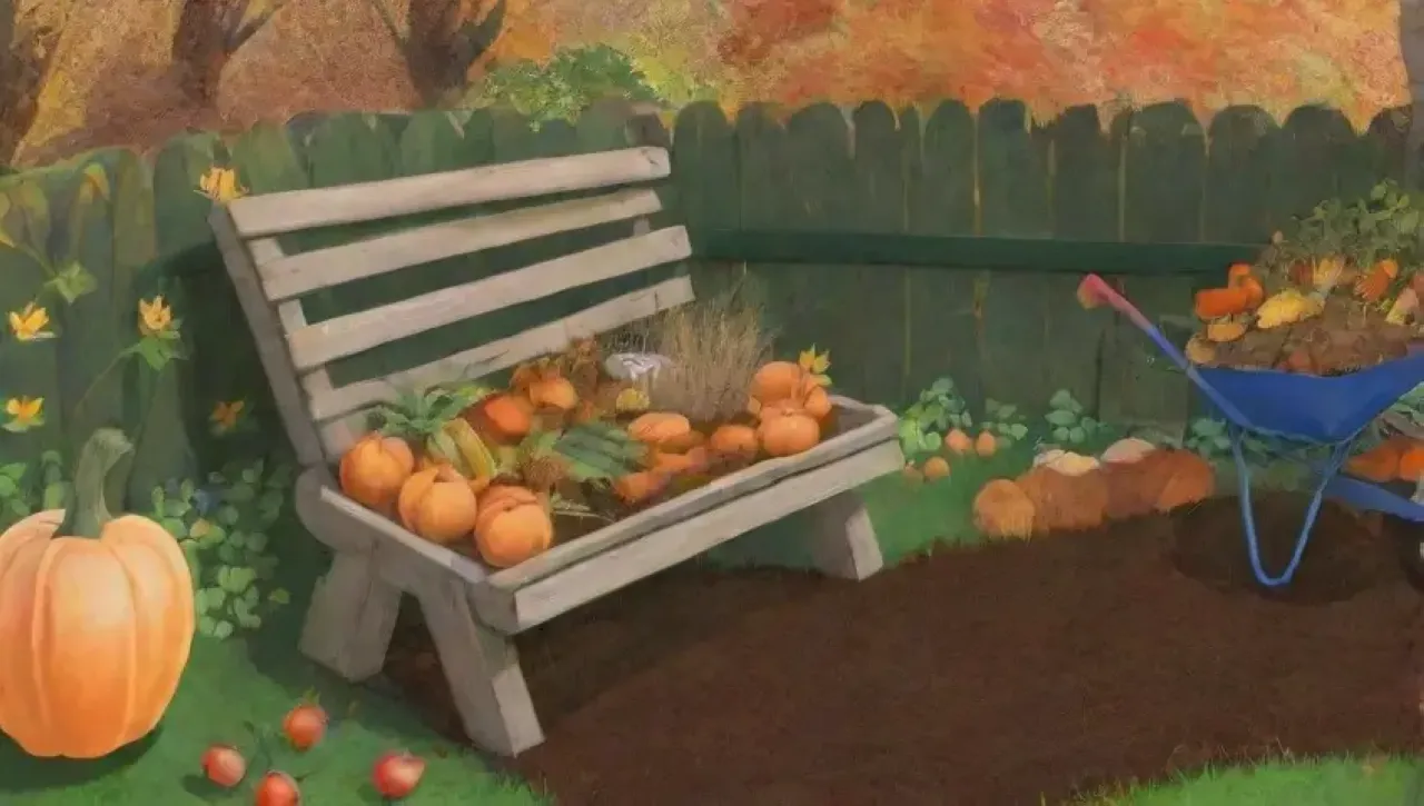 Un tranquilo jardín otoñal invita a la reflexión con hojas doradas, calabazas, té humeante y aromas de tierra