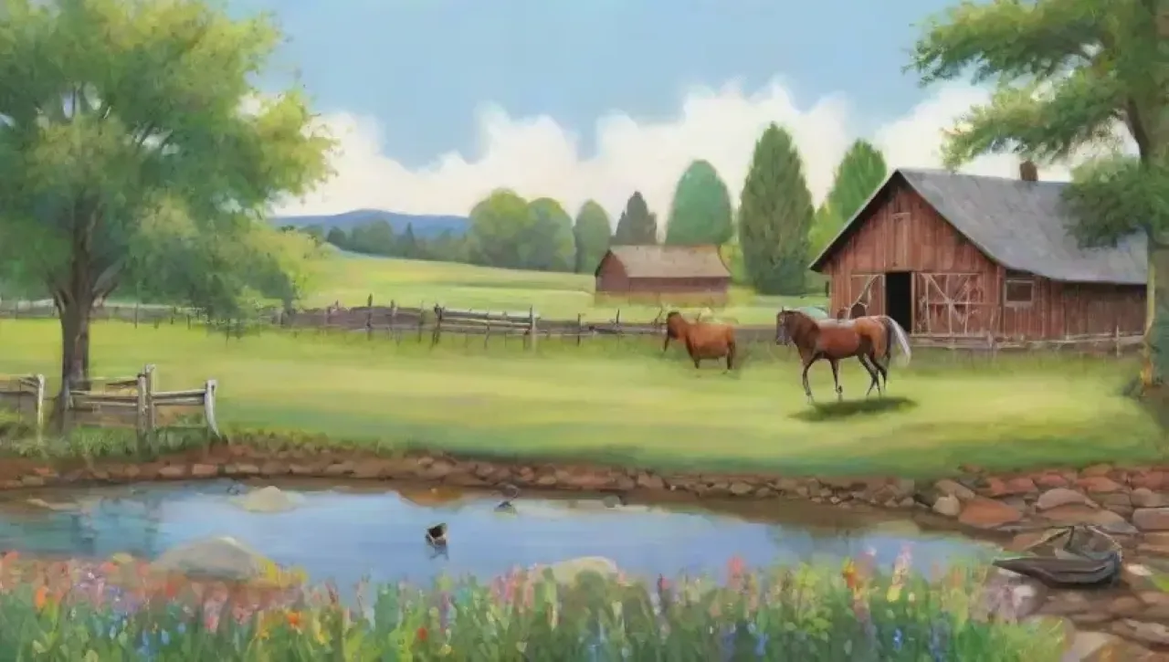 Un paisaje vibrante y armonioso con campos verdes, un caballo, flores silvestres y un granero lejano