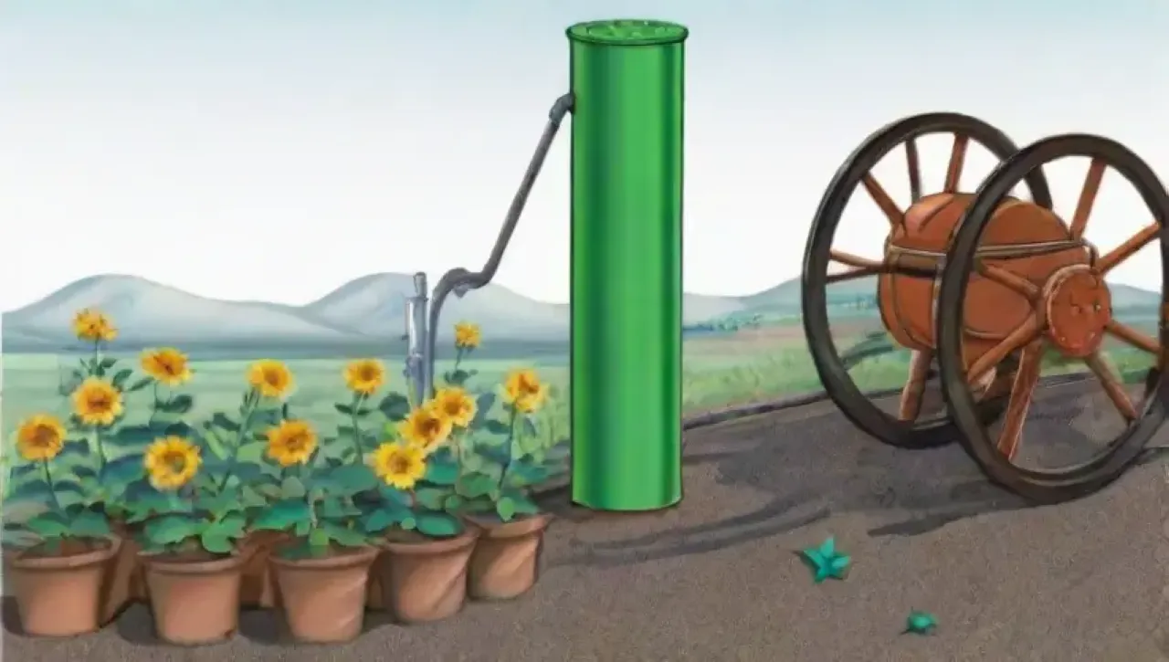 Un paisaje rural vibrante con campos verdes, agua brillante, flores y un agricultor revisando su equipo