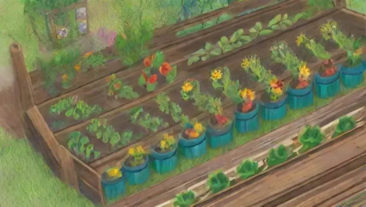 Un jardín vibrante con plantas verdes, verduras coloridas, flores amarillas y un ecosistema floreciente