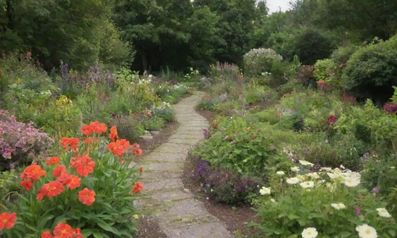 Escena de jardín vibrante que promueve el bienestar mental y la armonía con la naturaleza