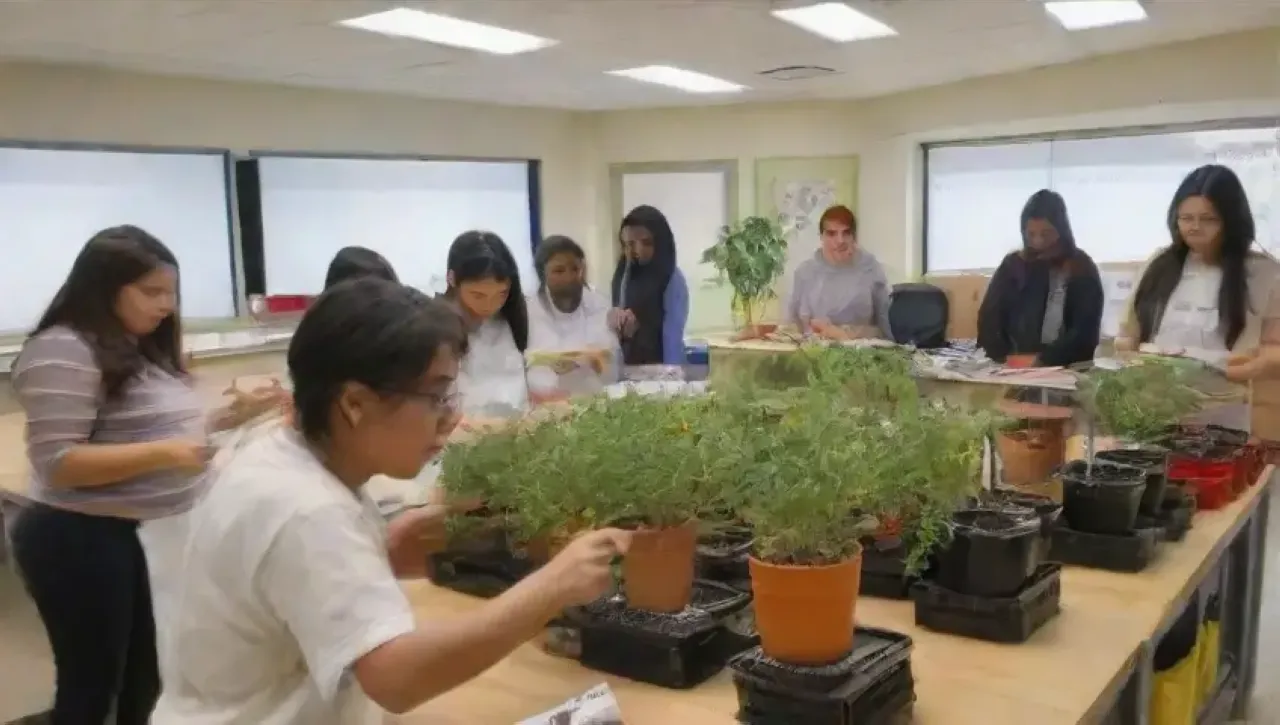 Un aula vibrante y colorida con estudiantes activos, herramientas organizadas y plantas listas para injertar