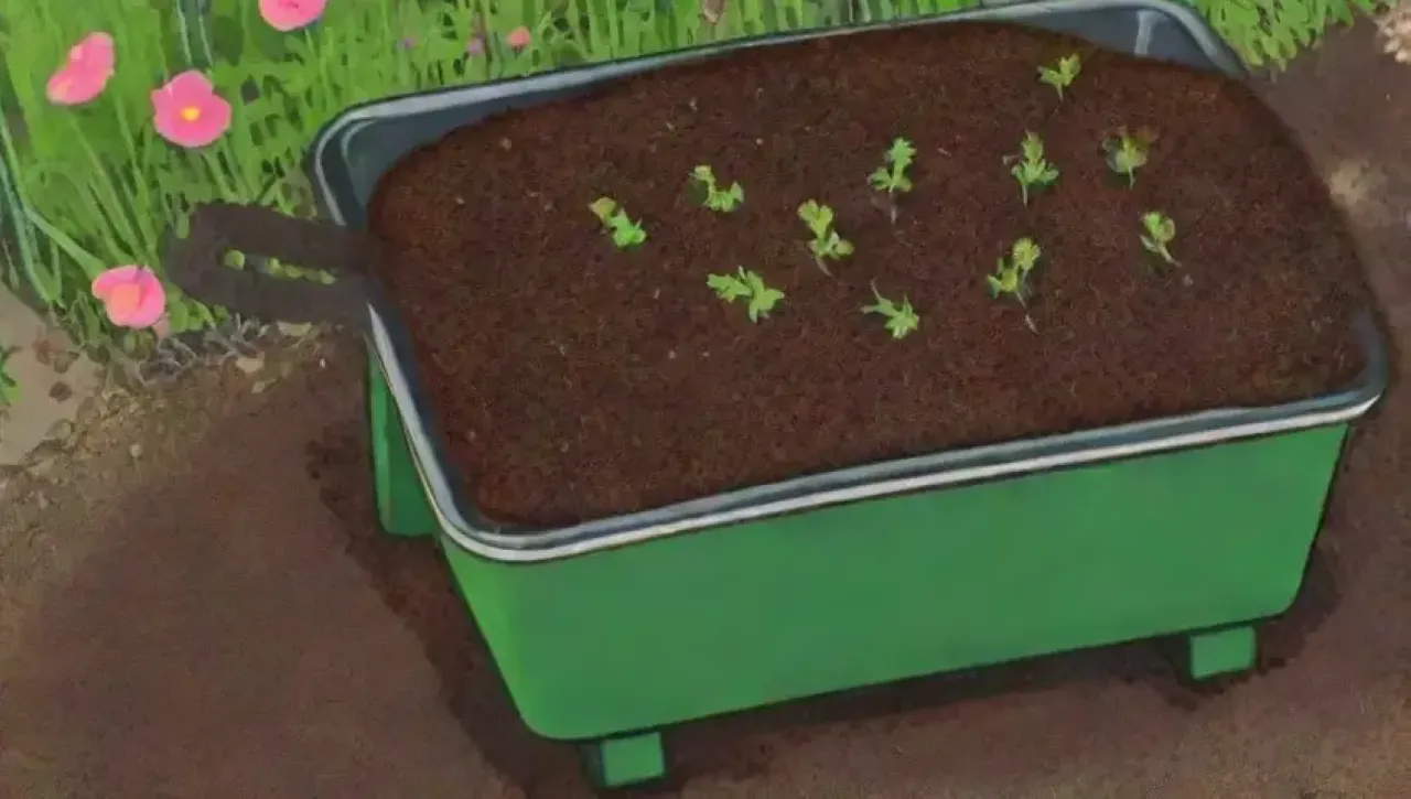 Un rico y nutritivo abono orgánico espera ser plantado en un jardín rodeado de flores