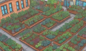 Jardines urbanos con riego automático y cultivos vibrantes