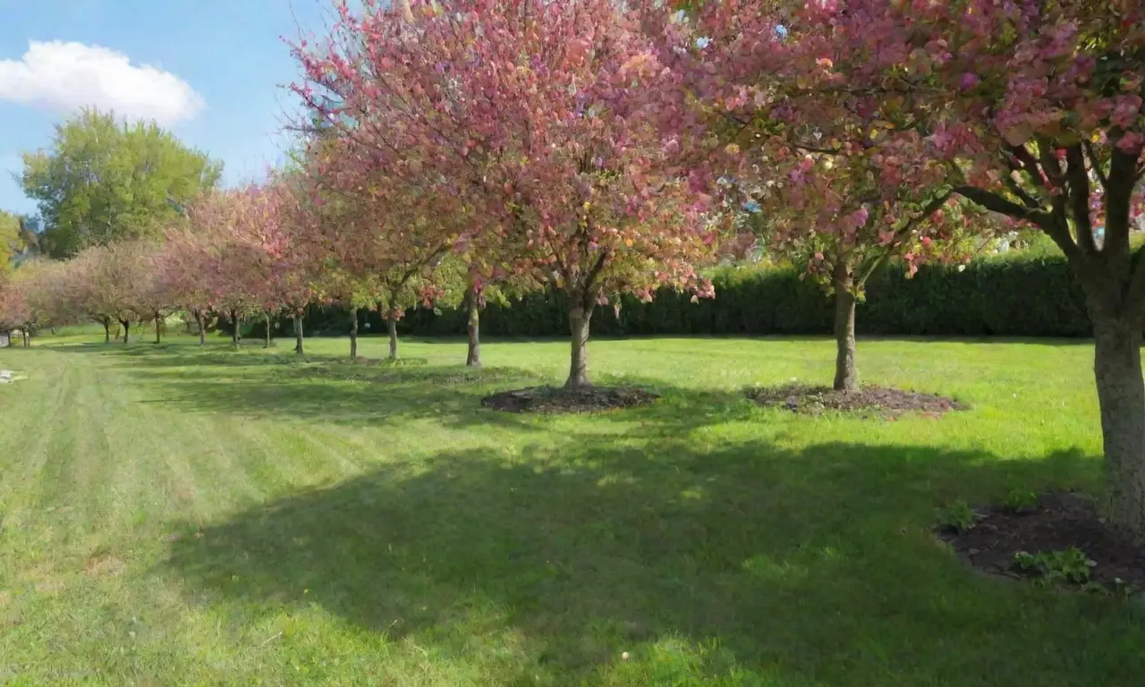 Escena vibrante de jardín con árboles frutales